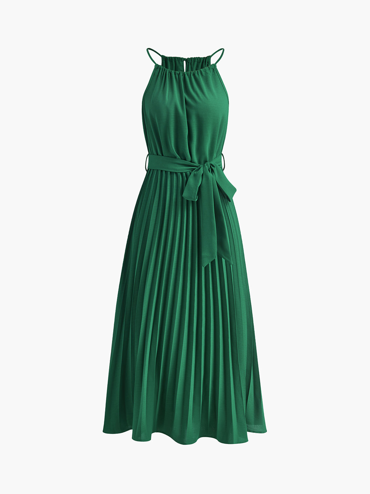Halter Kuşaklı Pileli Abiye Midi Elbise Yeşil | Lorlia