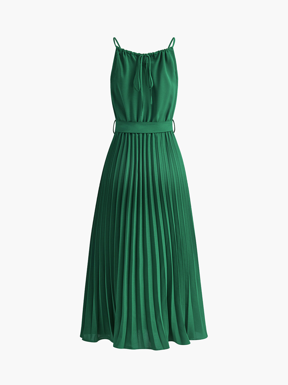 Halter Kuşaklı Pileli Abiye Midi Elbise Yeşil | Lorlia