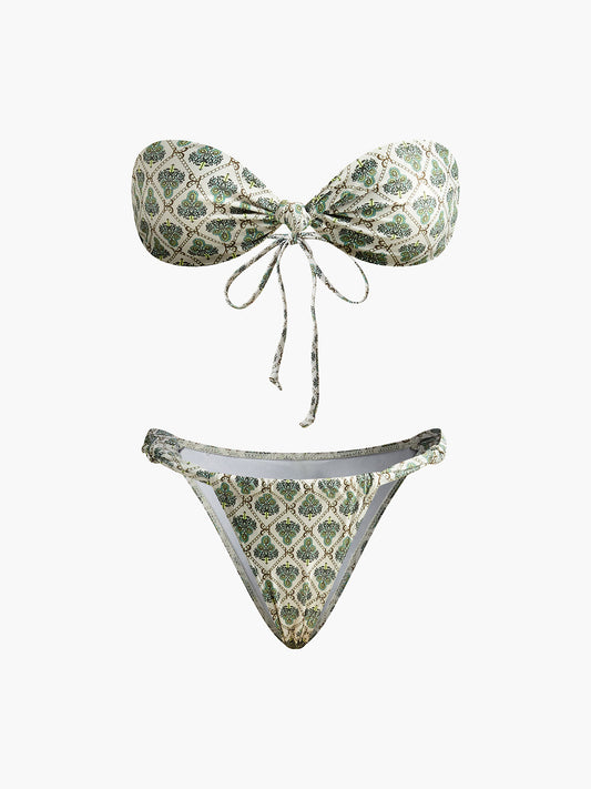 Baskılı Straplez Bikini Takımı Yeşil Ekru Geometrik Desen | Lorlia
