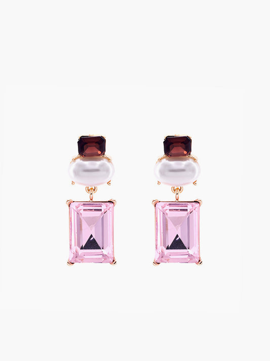 Geometrik Rhinestone Damla Küpe Pembe Bordo Ziron Taşlı | Lorlia