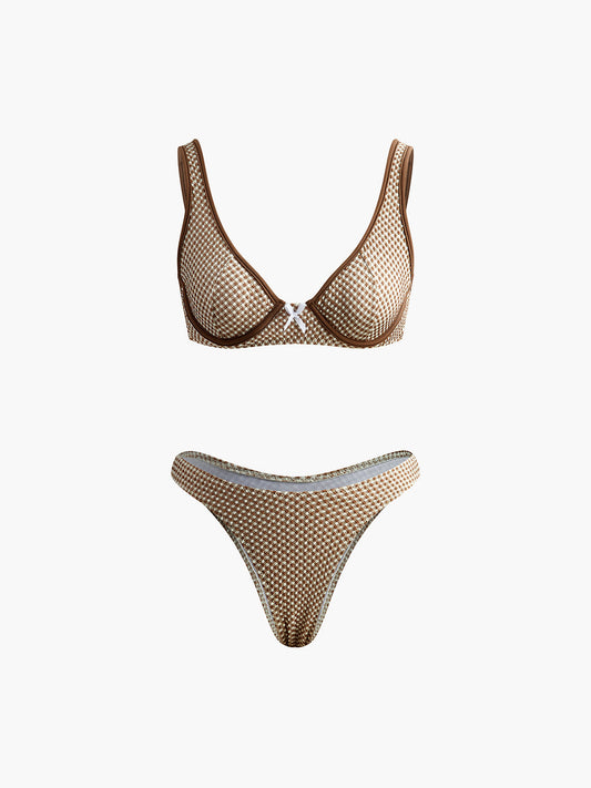 Ekose Bikini Takımı Açık Kahverengi Çıkarılabilir Pedli | Lorlia