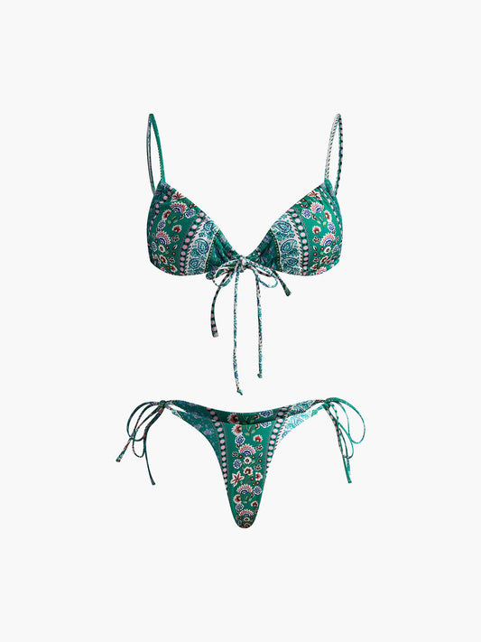 Çiçekli Önden Bağlamalı Bikini Takımı Yeşil Çıkarılabilir Pedli | Lorlia