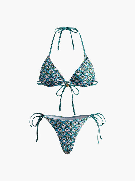 Baskılı Dantelli Bikini Takımı Yeşil Halter Yaka | Lorlia
