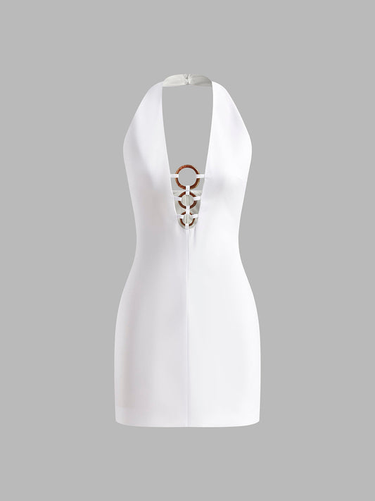 Halter Yaka Sırtı Açık Kısa Elbise Beyaz Slim Fit | Lorlia