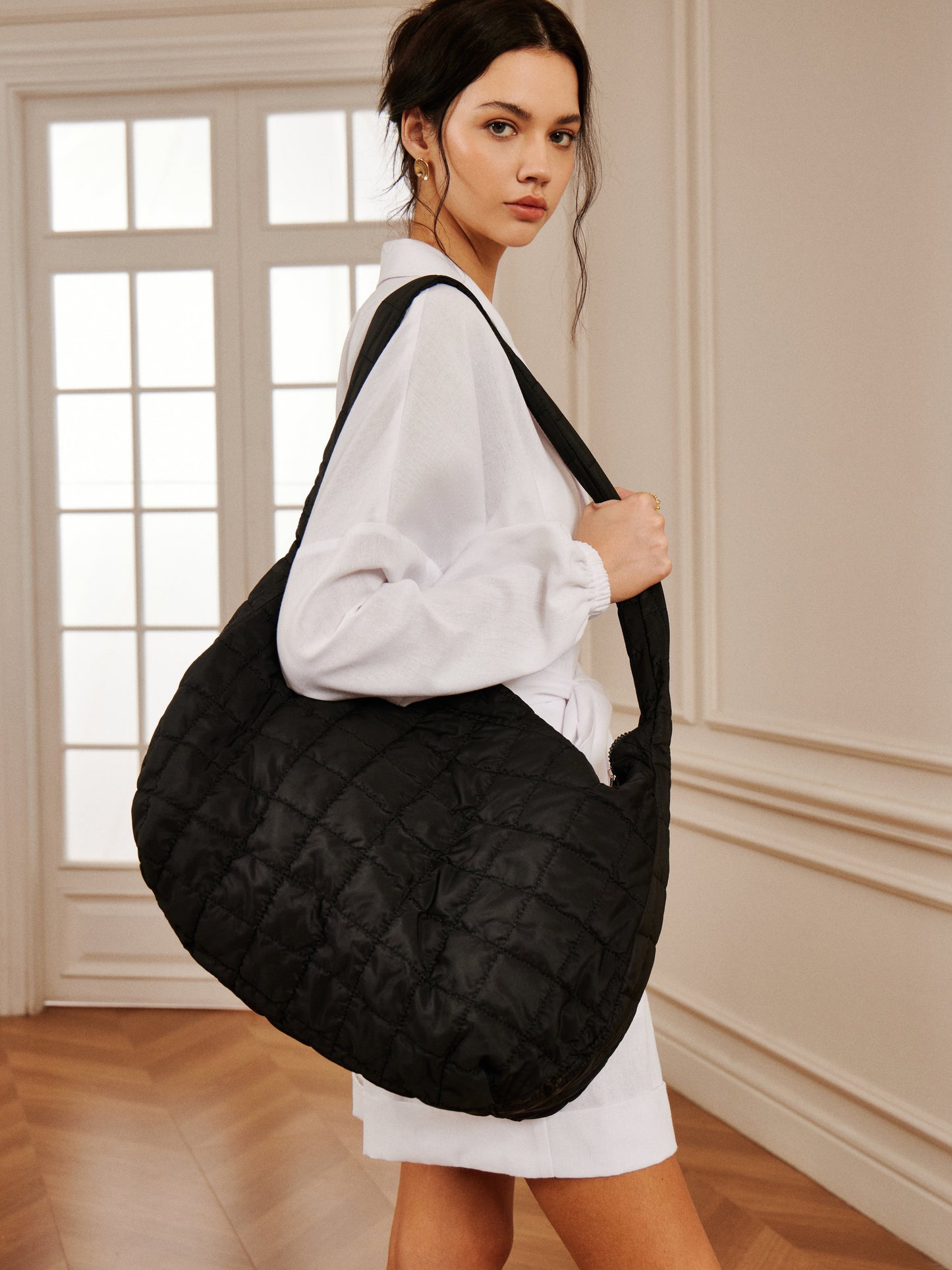 Ekose Büyük Puffer Omuz Çanta Siyah Bulut Model | Lorlia