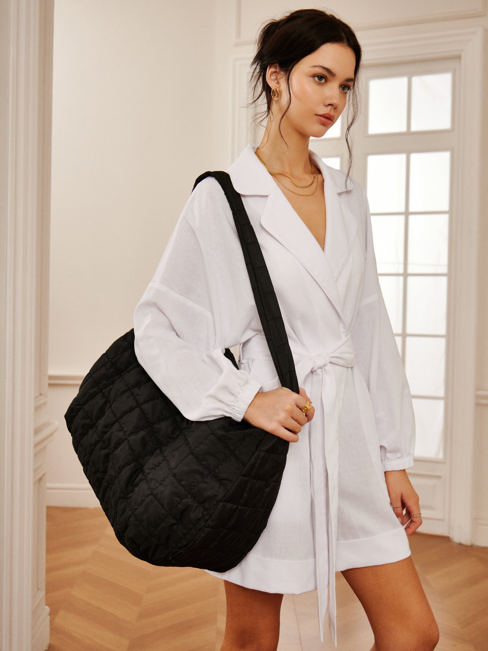 Ekose Büyük Puffer Omuz Çanta Siyah Bulut Model | Lorlia