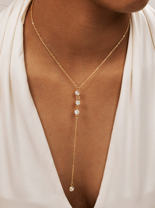 Rhinestone Lariat Damla Kolye Altın Titanyum Çelik | Lorlia