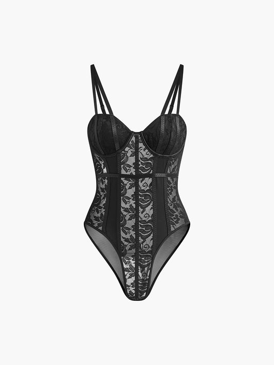 Dantel Kalp Yaka Korsaj Bodysuit Siyah Şeffaf | Lorlia