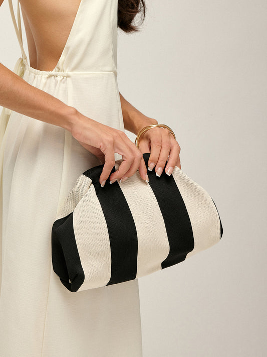 İki Tonlu Çizgili Clutch Çanta Siyah Beyaz | Lorlia