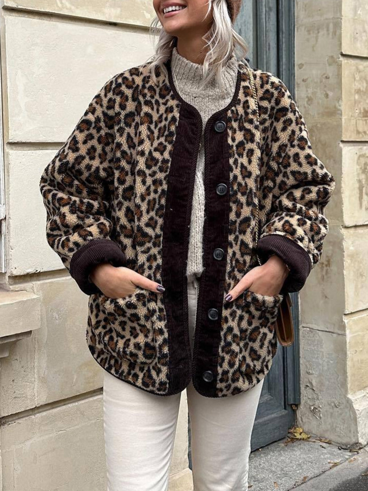 Leopar Desenli Oversize Kış Kabanı Kahverengi Uzun Kol | Lorlia
