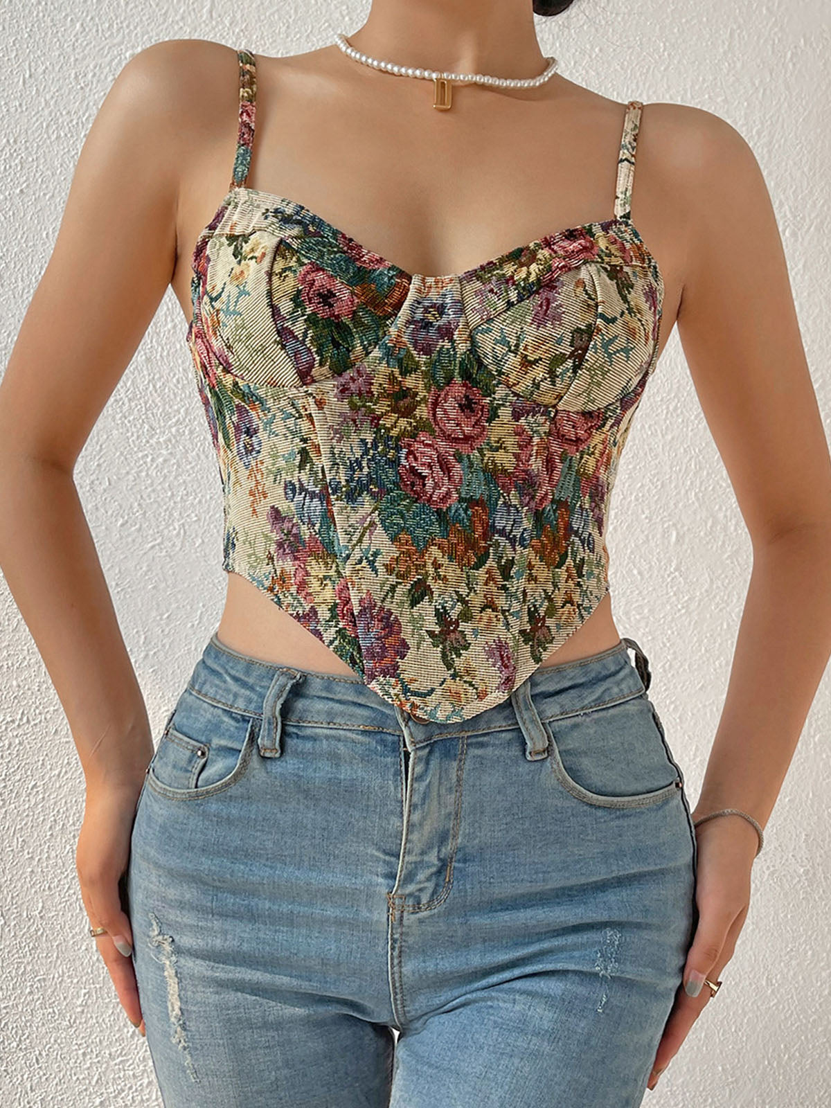 Retro Çiçek Desenli Korse Kalp Yaka Bej Bordo | Lorlia