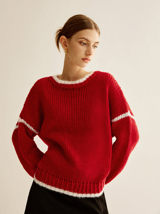 Kruvaze Yaka Kontrast Kenar Sweatshirt Kırmızı Örme | Lorlia