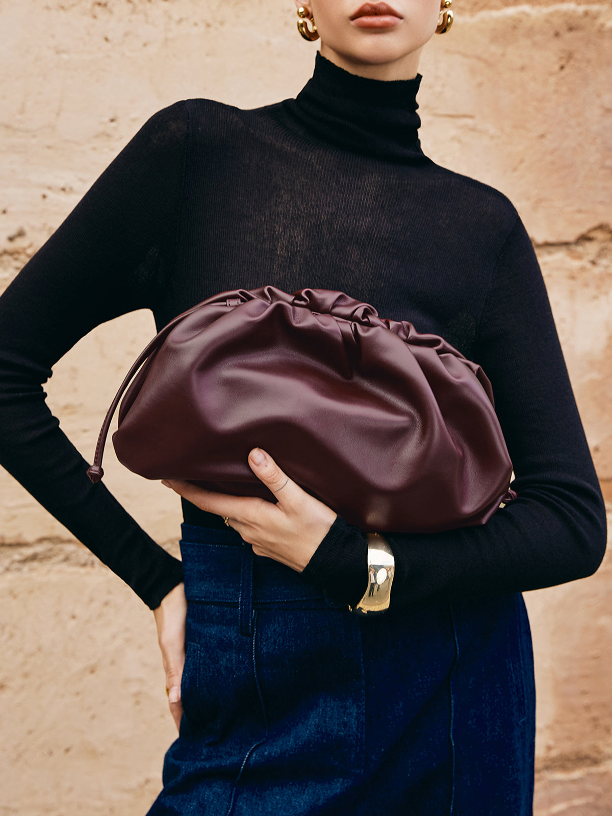 Büzgülü Yumuşak Clutch Çanta Bordo | Lorlia
