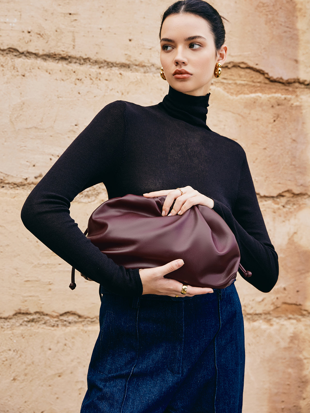 Büzgülü Yumuşak Clutch Çanta Bordo | Lorlia