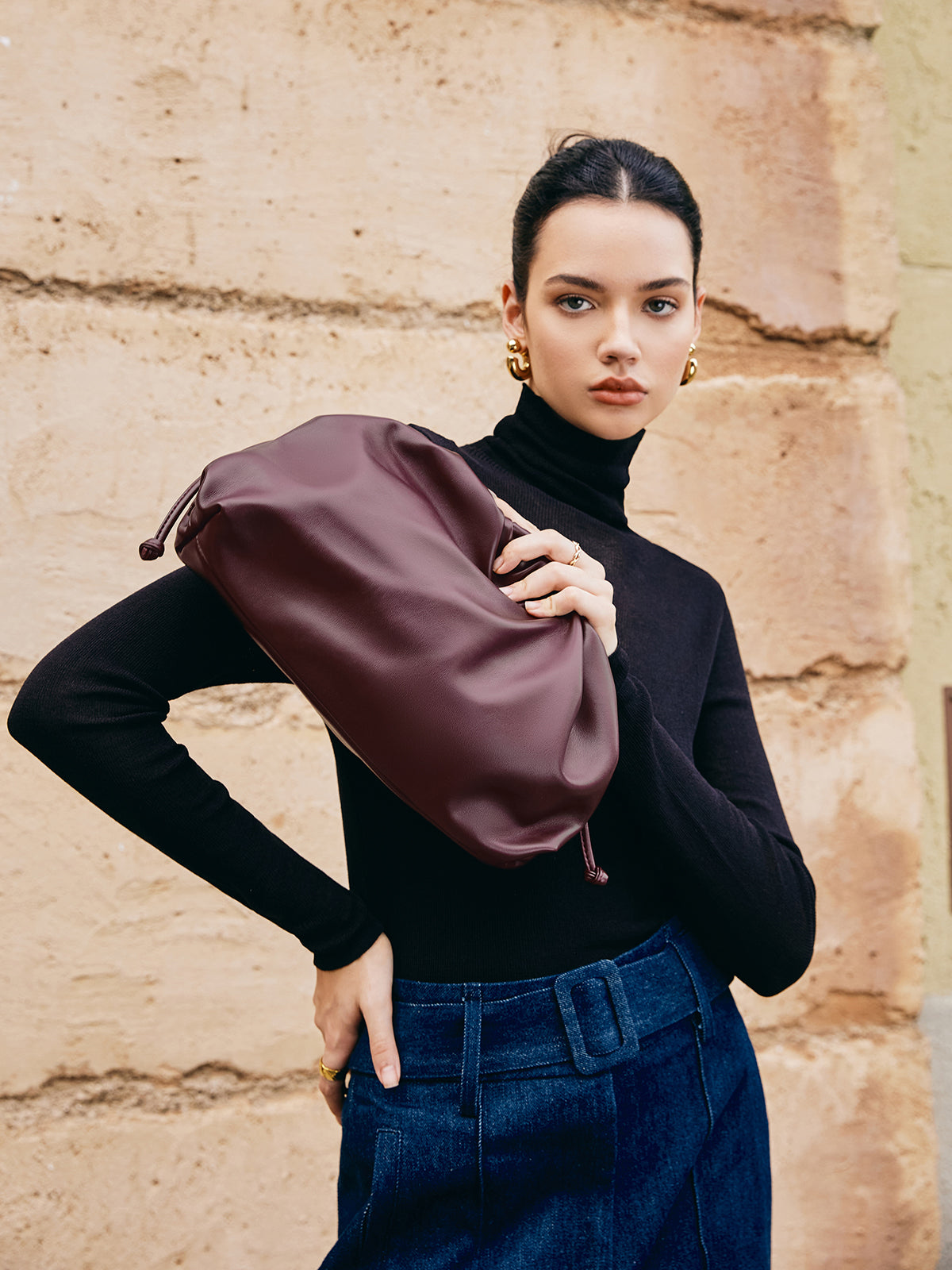 Büzgülü Yumuşak Clutch Çanta Bordo | Lorlia