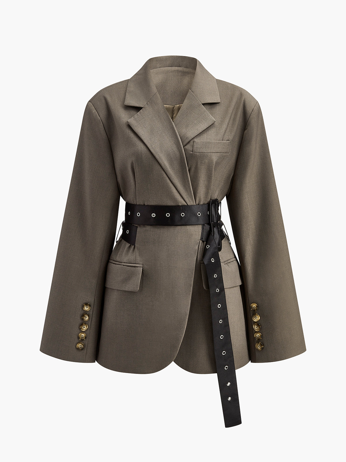 Kemerli Retro Düğmeli Blazer Koyu Kahverengi Uzun Kol | Lorlia