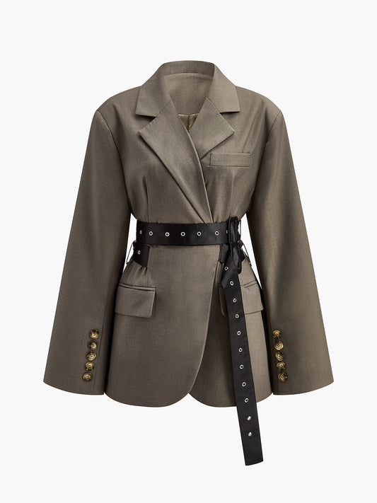 Kemerli Retro Düğmeli Blazer Koyu Kahverengi Uzun Kol | Lorlia