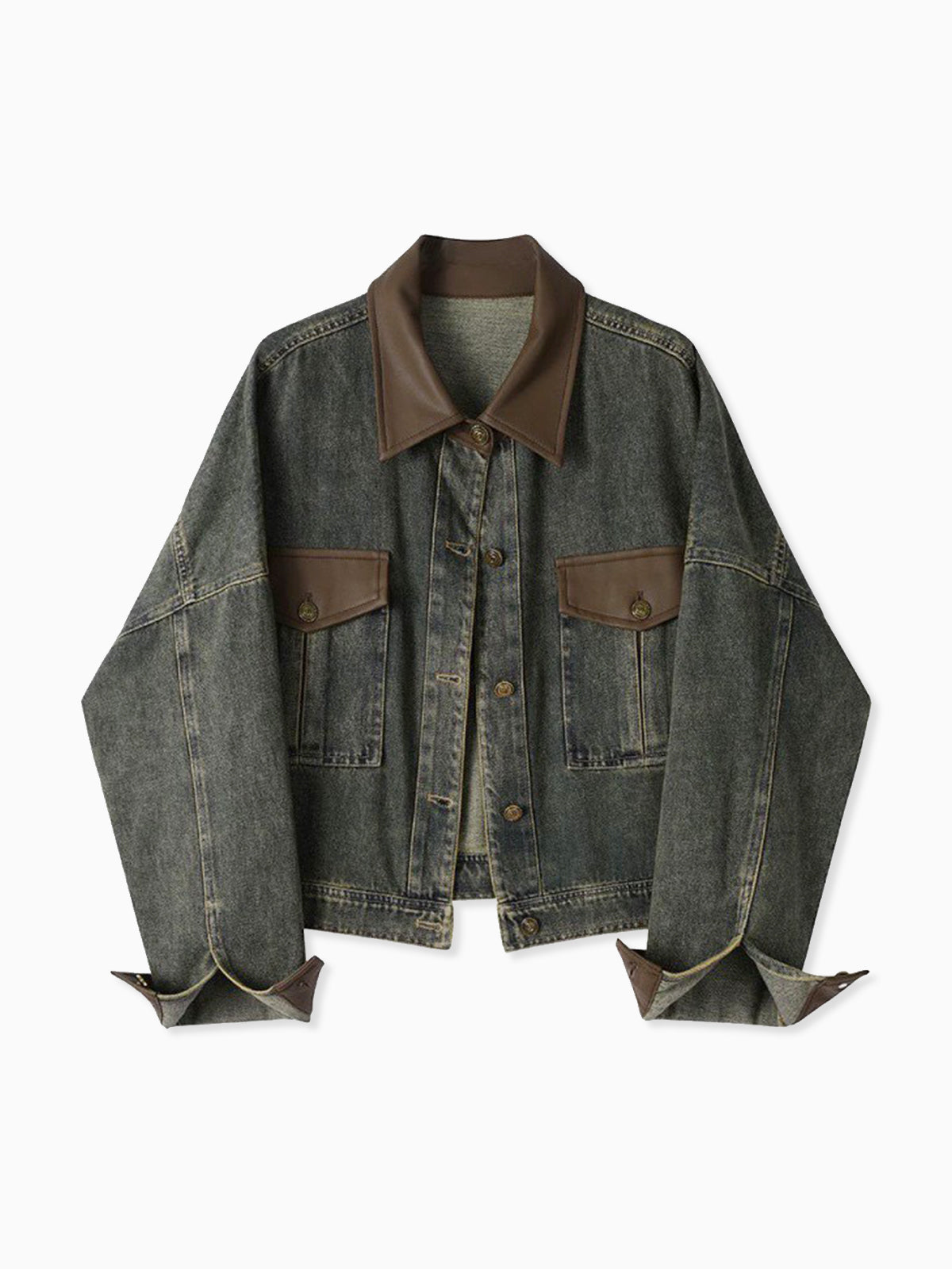 Vintage Kontrast Süslü Yaka Denim Ceket Koyu Kahverengi Uzun Kol | Lorlia