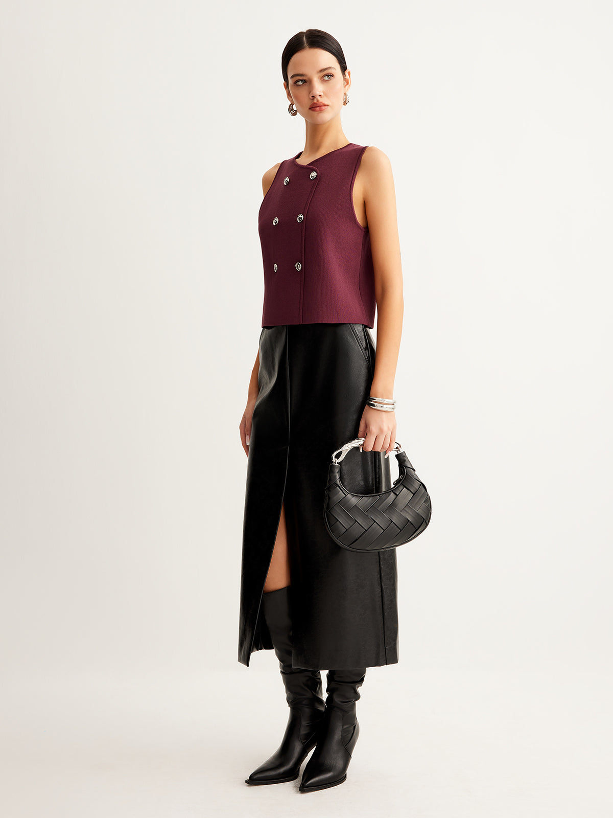 Düğmeli Kazak Yelek Bordo Jarse Kumaş | Lorlia