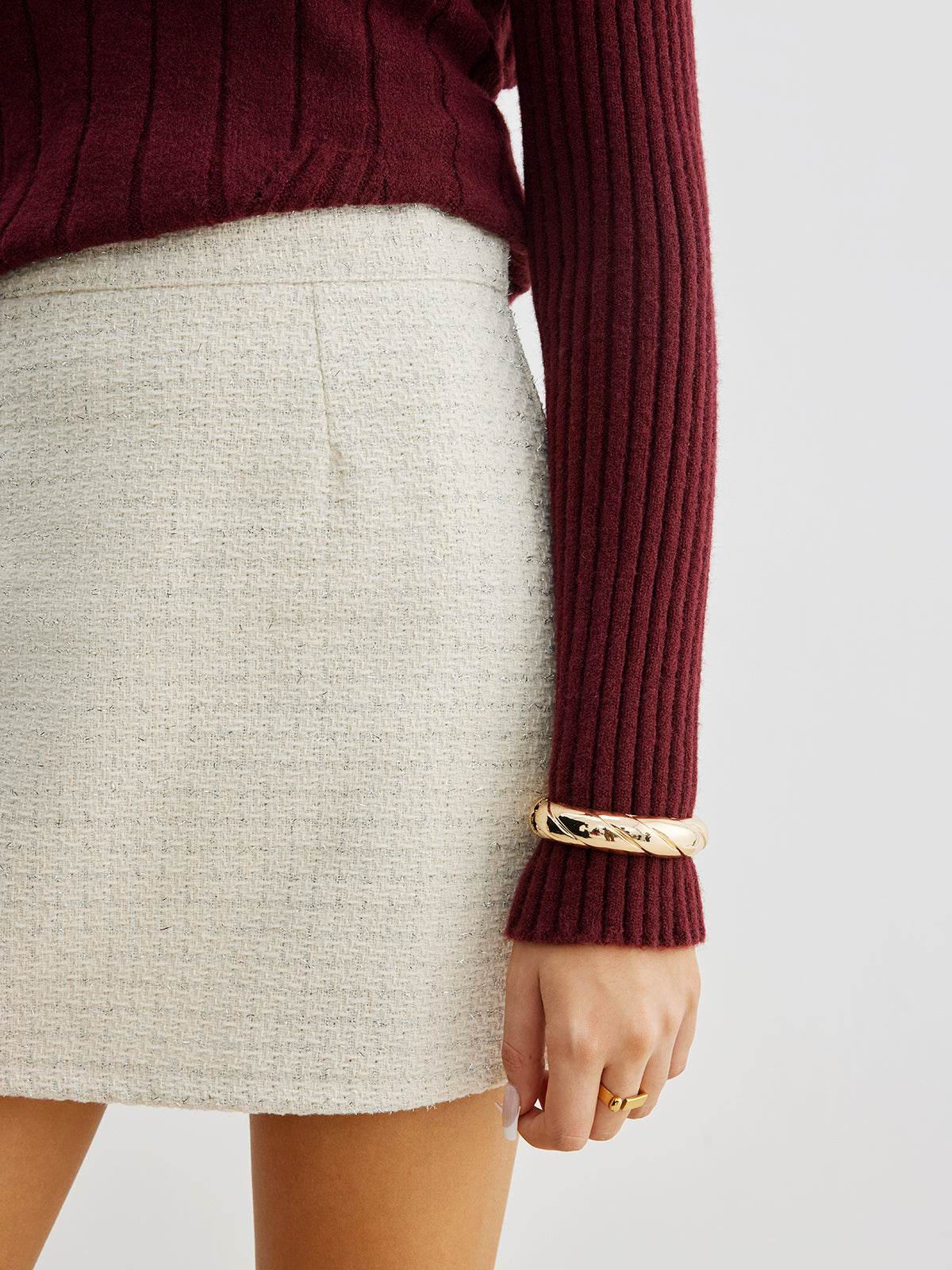 Tweed Fermuarlı A-Line Mini Etek Krem Orta Bel | Lorlia