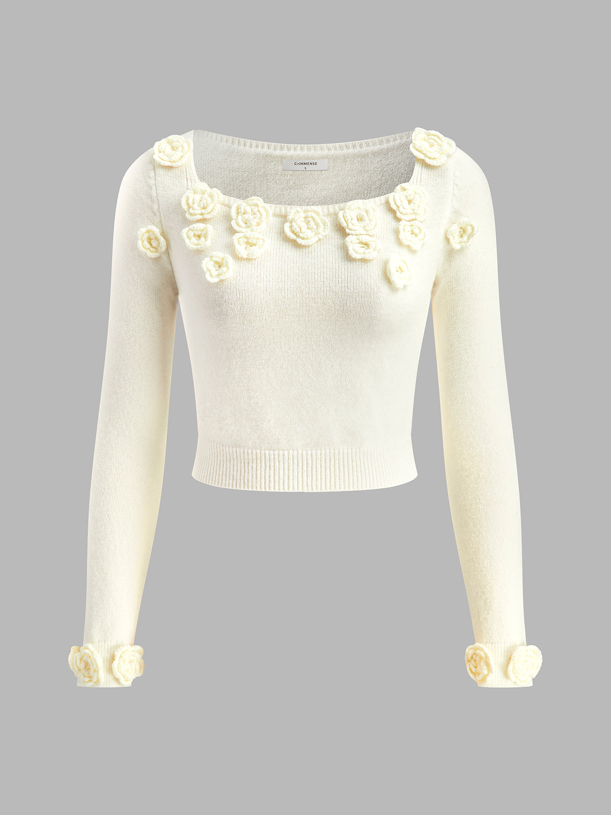 Romantik 3D Çiçekli Jarse Kazak Beyaz Uzun Kollu | Lorlia
