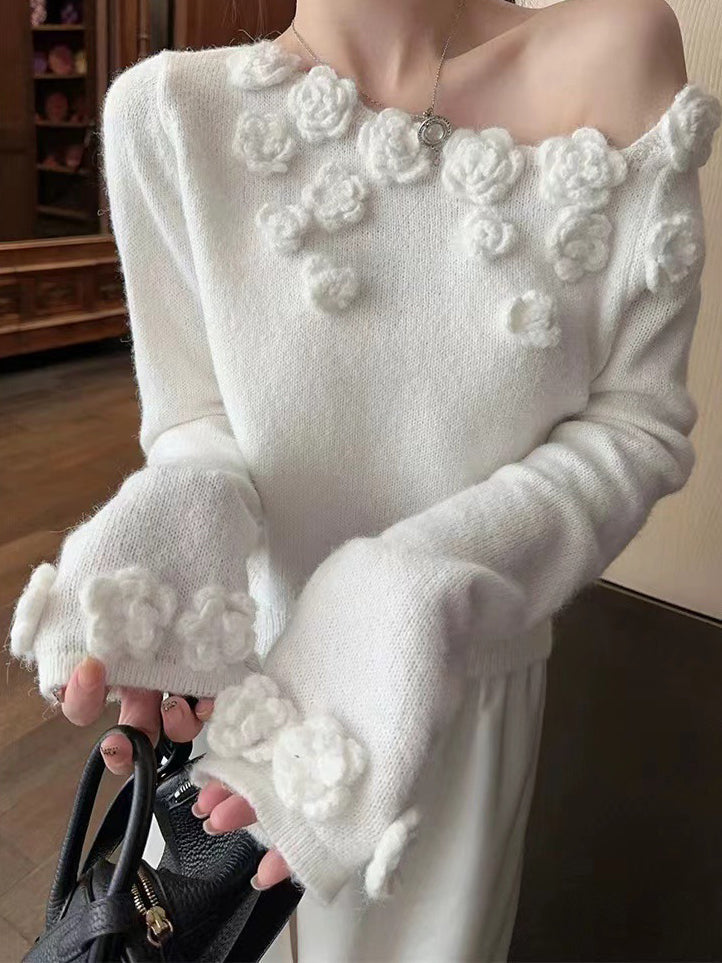 Romantik 3D Çiçekli Jarse Kazak Beyaz Uzun Kollu | Lorlia
