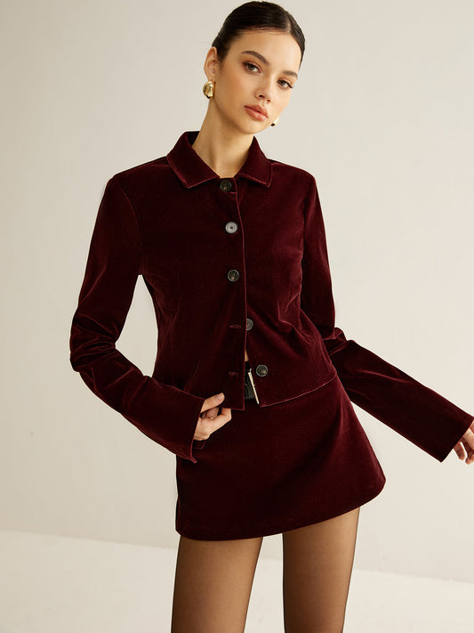 Kadife Yaka Kısa Blazer Bordo Uzun Kol | Lorlia