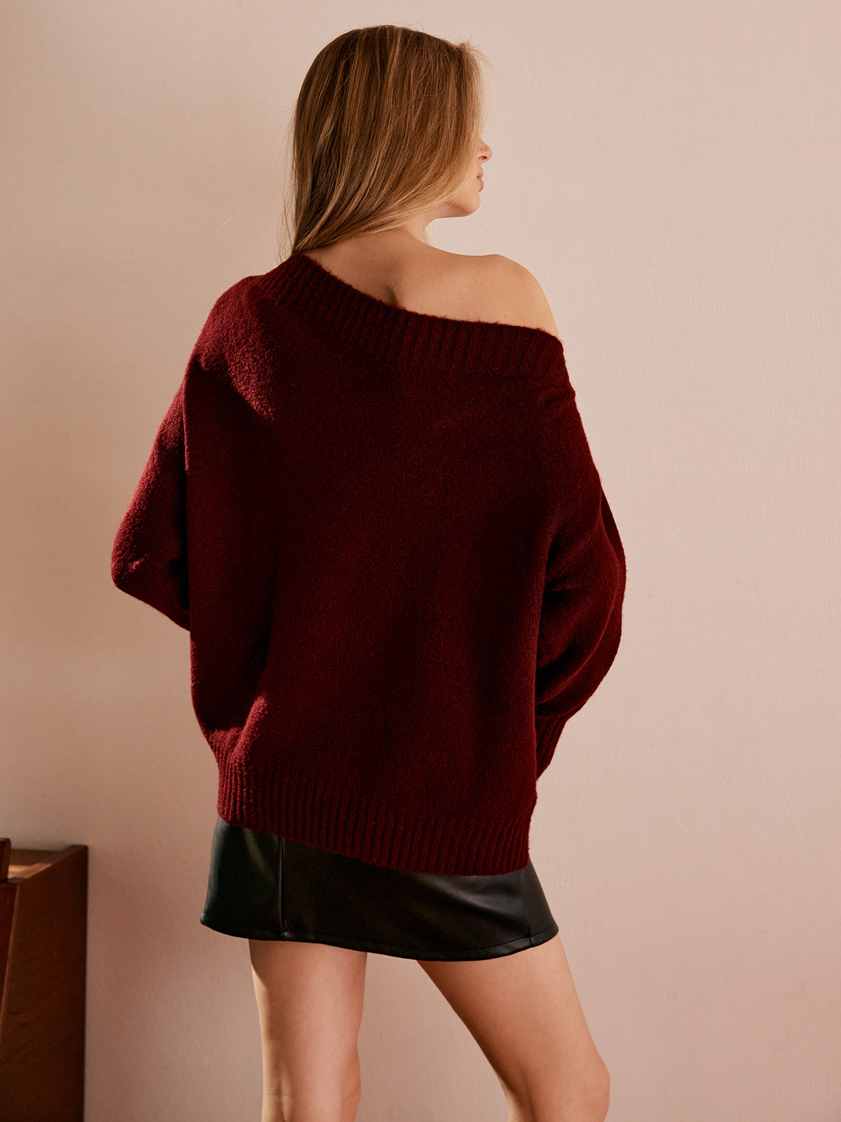Tek Omuz Drapeli Triko Kazak Bordo Oversize | Lorlia
