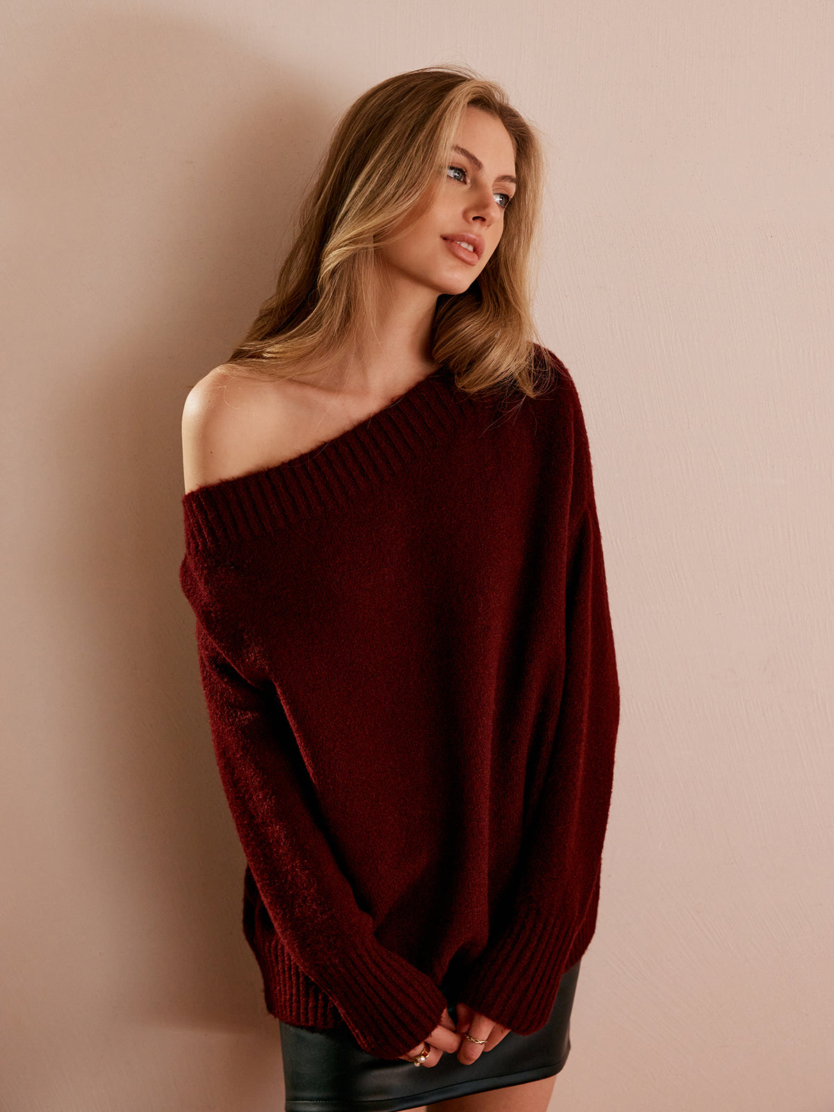 Tek Omuz Drapeli Triko Kazak Bordo Oversize | Lorlia