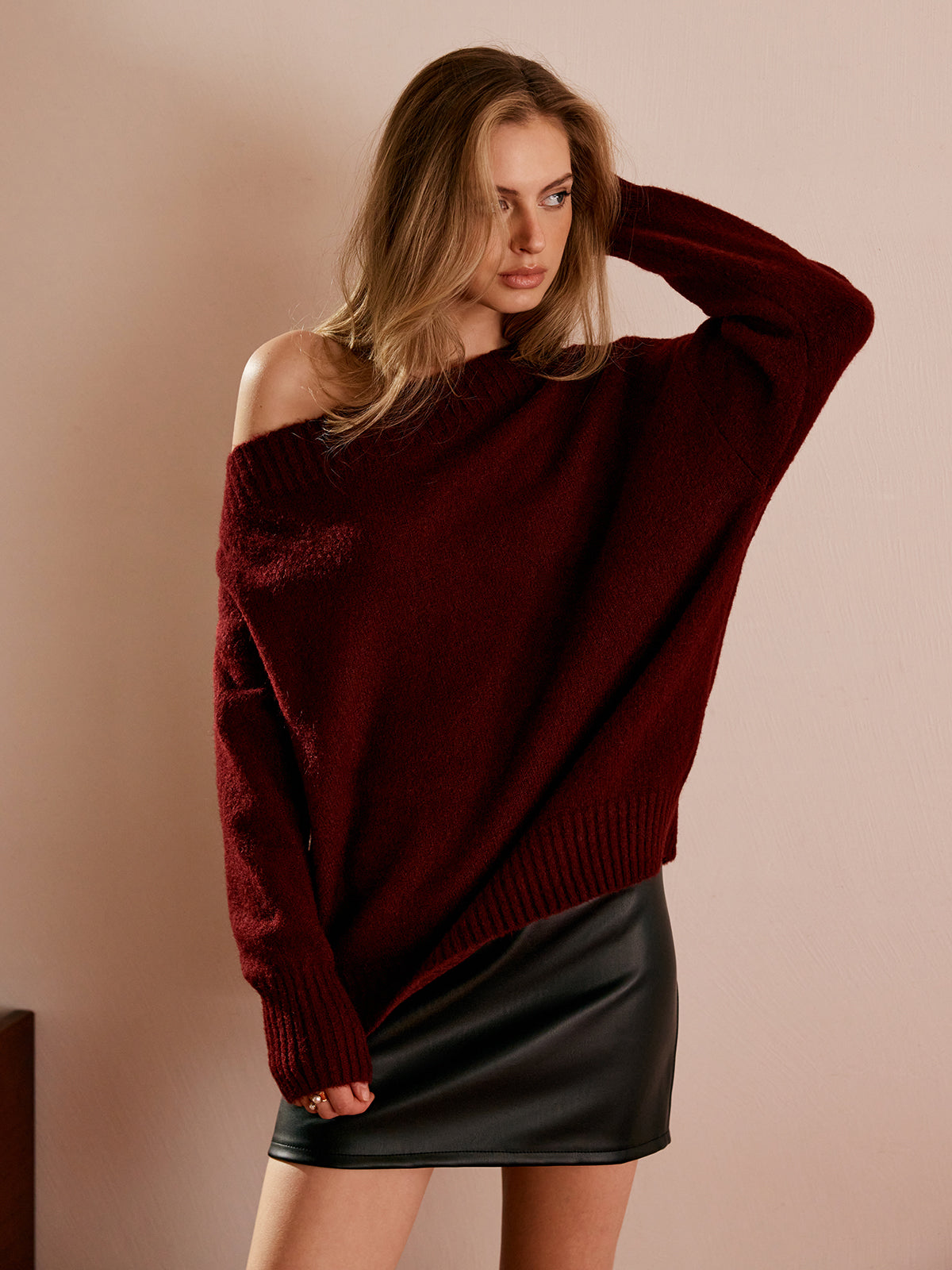 Tek Omuz Drapeli Triko Kazak Bordo Oversize | Lorlia