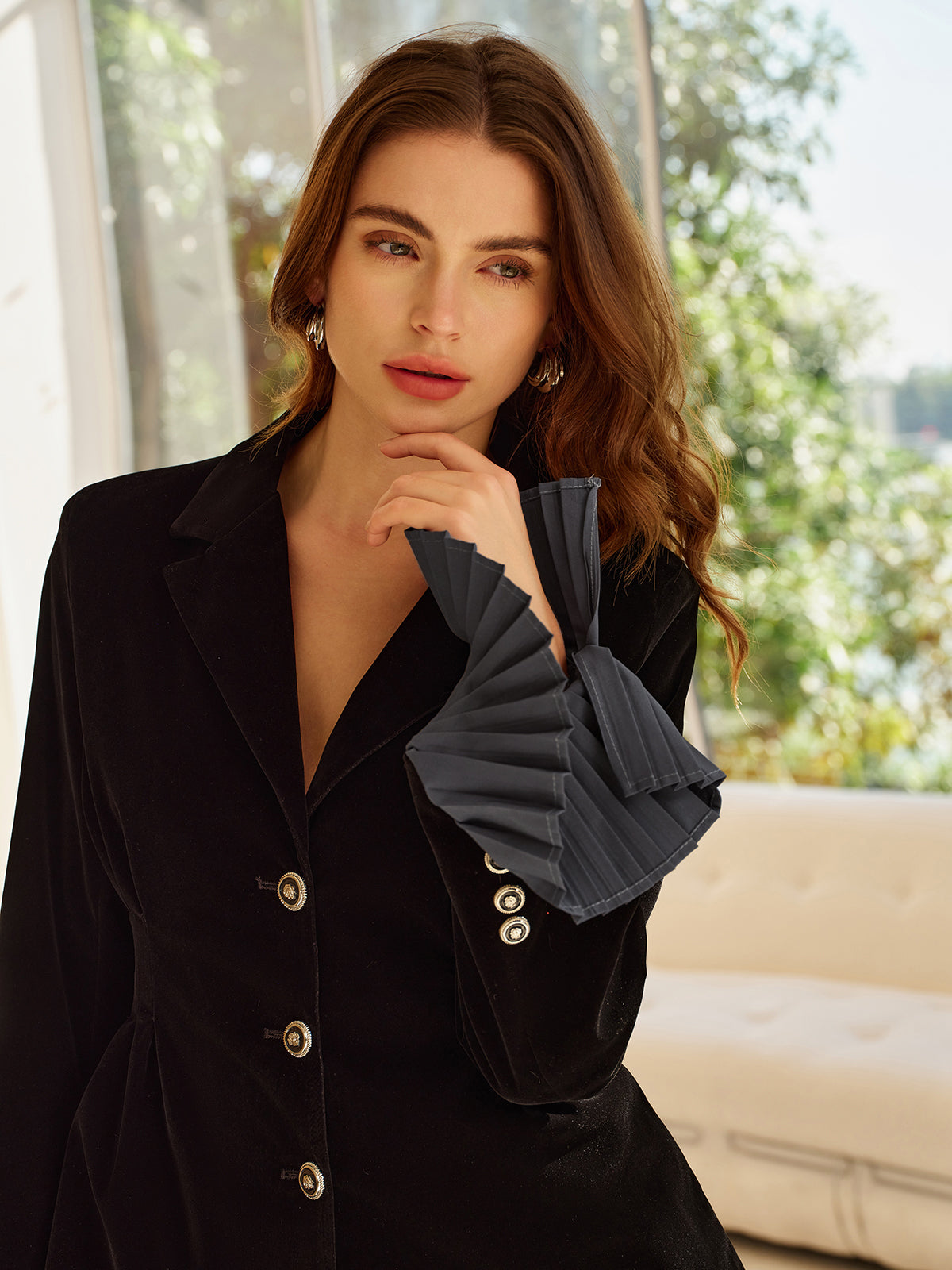 Kadife Plise Detay Takım Siyah Blazer Etek Seti | Lorlia
