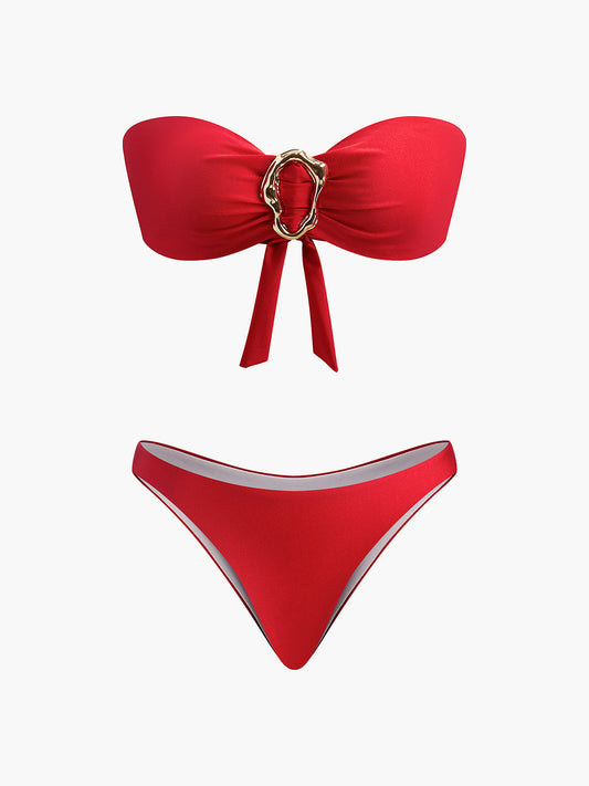 Metal Aksesuarlı Fiyonk Bandeau Bikini Kırmızı Straplez | Lorlia