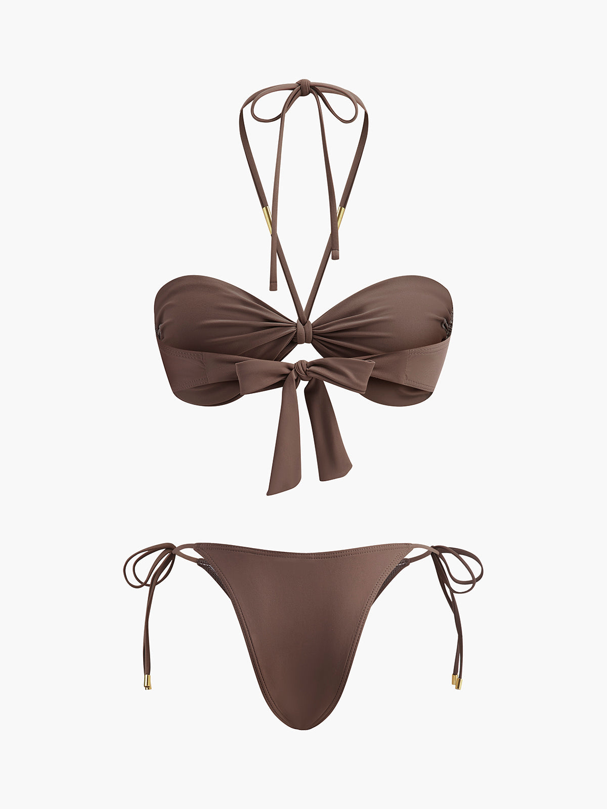 Kravat Detaylı Halter Bikini Seti Kahverengi | Lorlia
