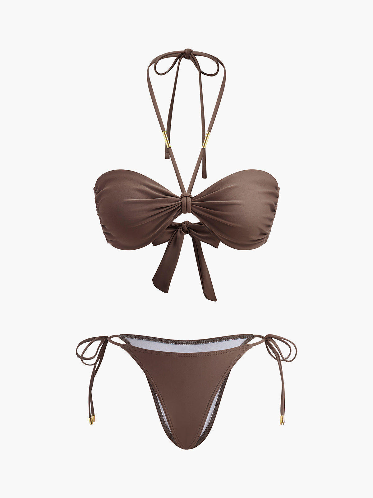 Kravat Detaylı Halter Bikini Seti Kahverengi | Lorlia