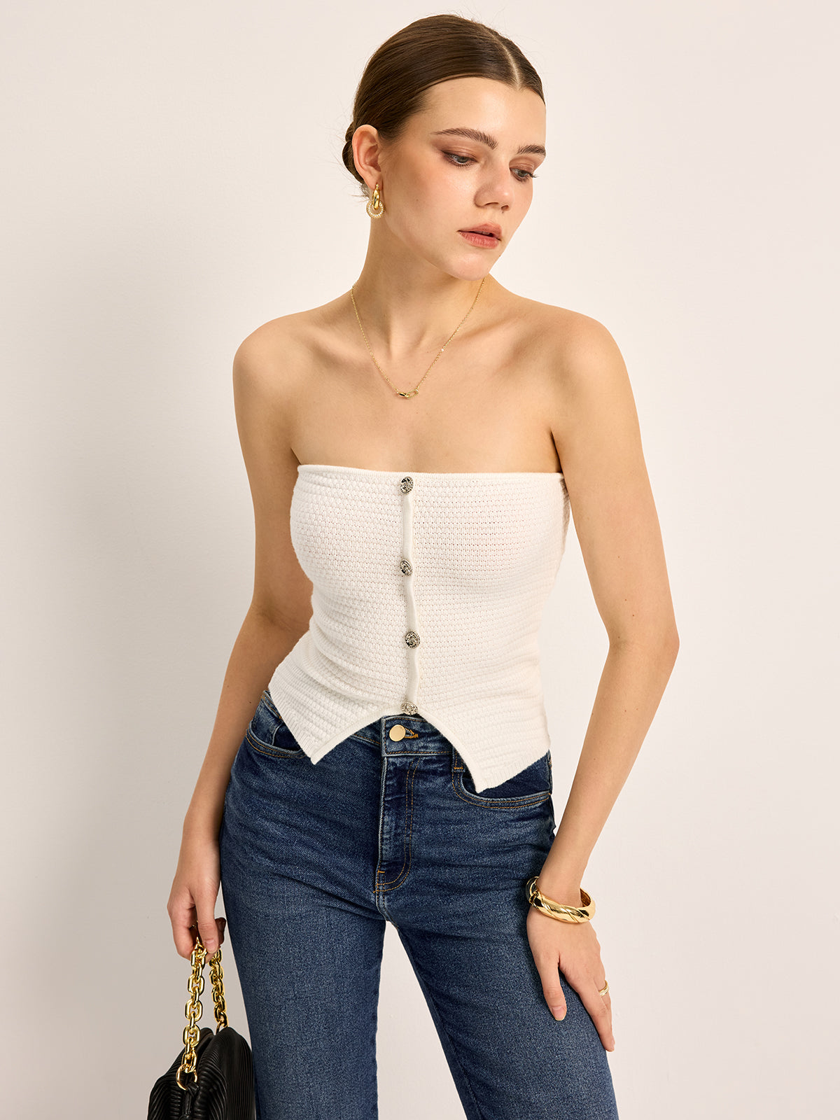 Düğmeli Askısız Triko Üst Beyaz Slim Fit | Lorlia