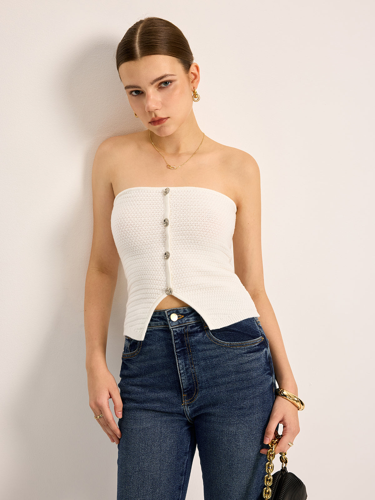 Düğmeli Askısız Triko Üst Beyaz Slim Fit | Lorlia