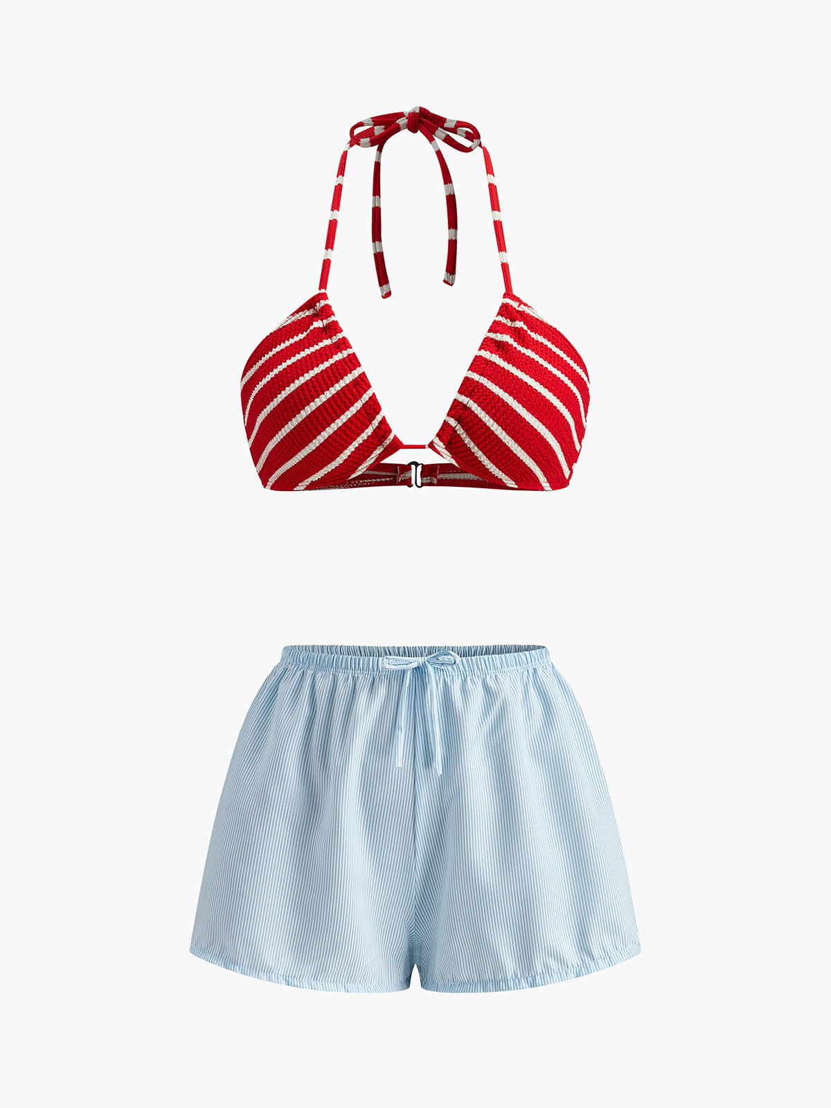 Çizgili Bikini Takımı Şort Kırmızı Halter Yaka | Lorlia