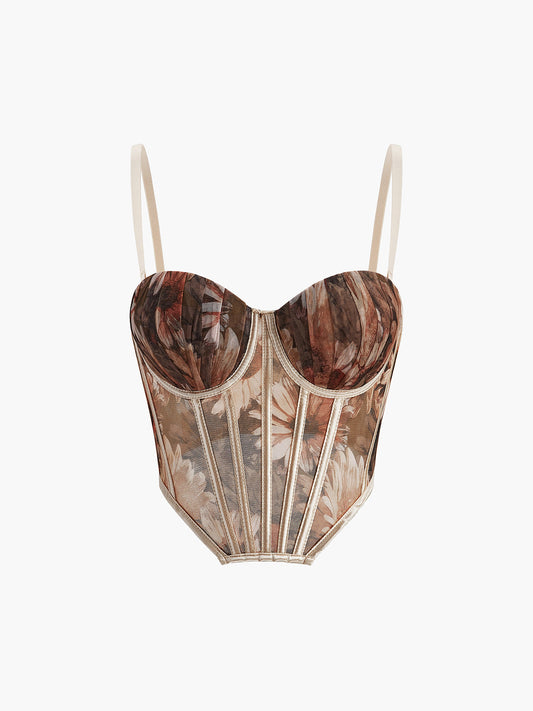 Çiçek Desenli Kalp Yaka Korse Kayısı Kolsuz | Lorlia