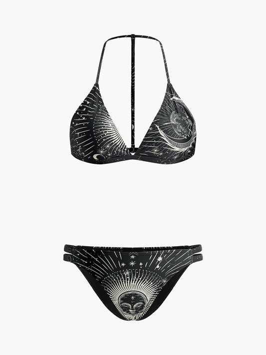 Gökyüzü Temalı Halter Bikini Takımı Siyah Geometrik Desenli | Lorlia