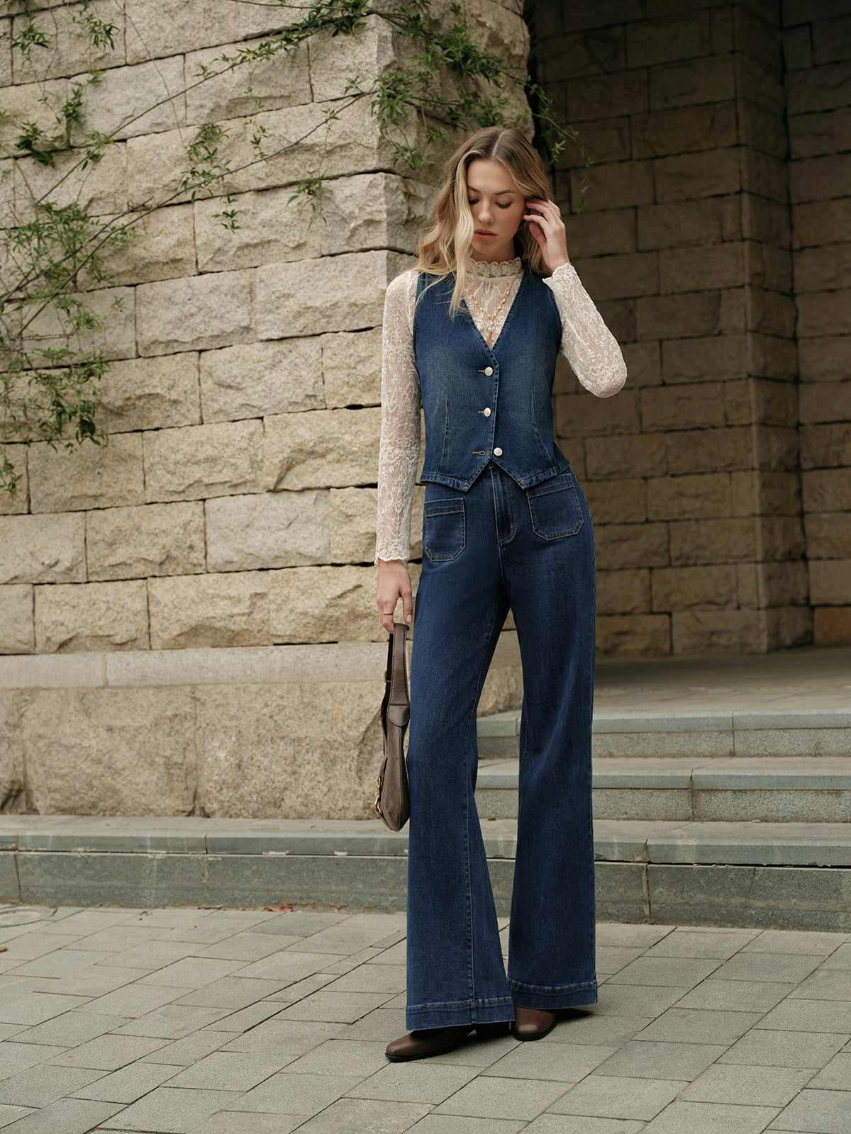 Denim Kolsuz Yelek Mavi V Yaka Regular Fit | Lorlia