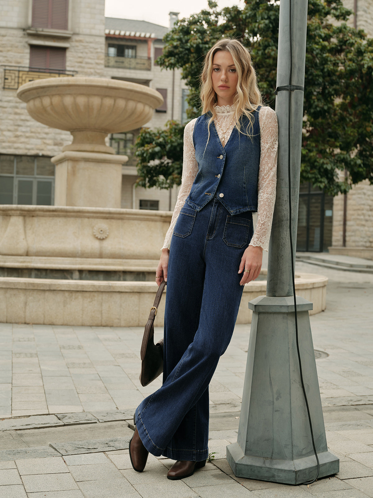 Denim Kolsuz Yelek Mavi V Yaka Regular Fit | Lorlia