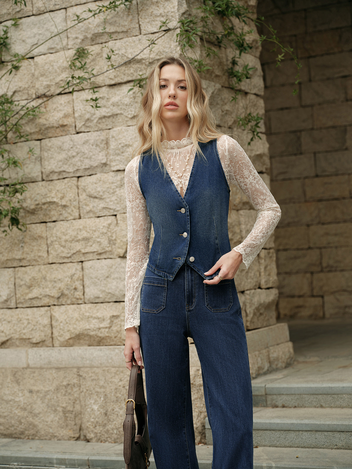 Denim Kolsuz Yelek Mavi V Yaka Regular Fit | Lorlia