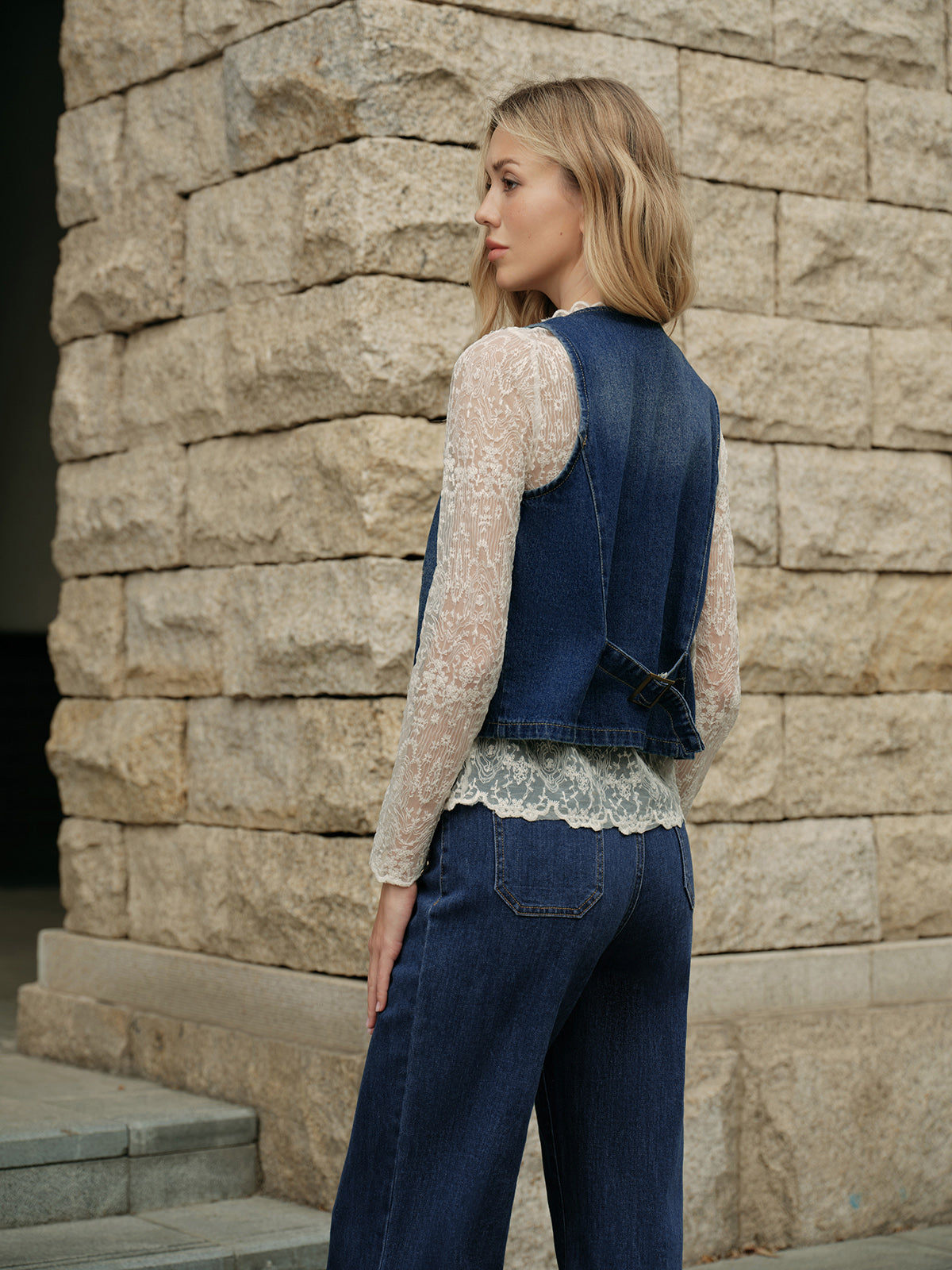 Denim Kolsuz Yelek Mavi V Yaka Regular Fit | Lorlia