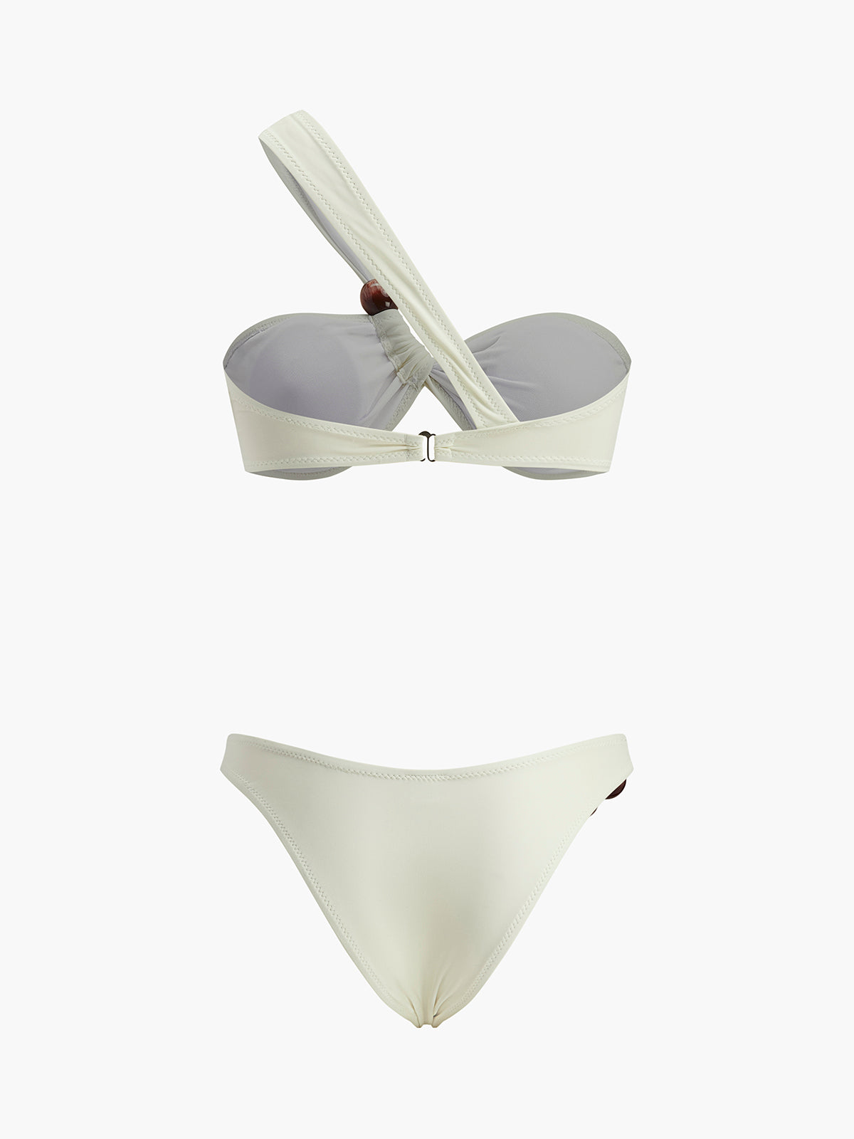 Tek Omuzlu Bikini Takımı Ahşap Boncuk Detaylı Bej | Lorlia