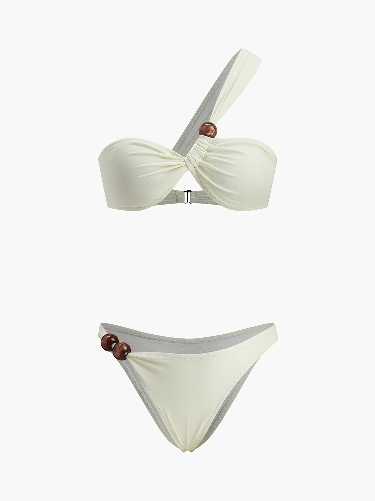 Tek Omuzlu Bikini Takımı Ahşap Boncuk Detaylı Bej | Lorlia
