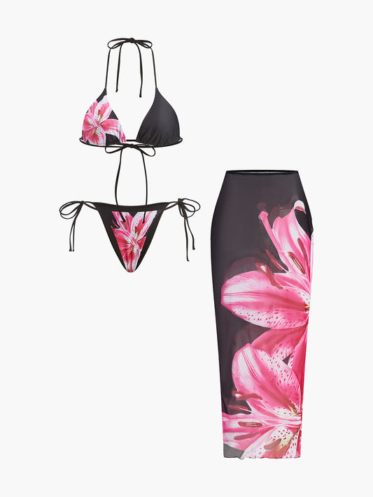 Çiçekli Bikini Takımı File Etek Siyah Pembe | Lorlia