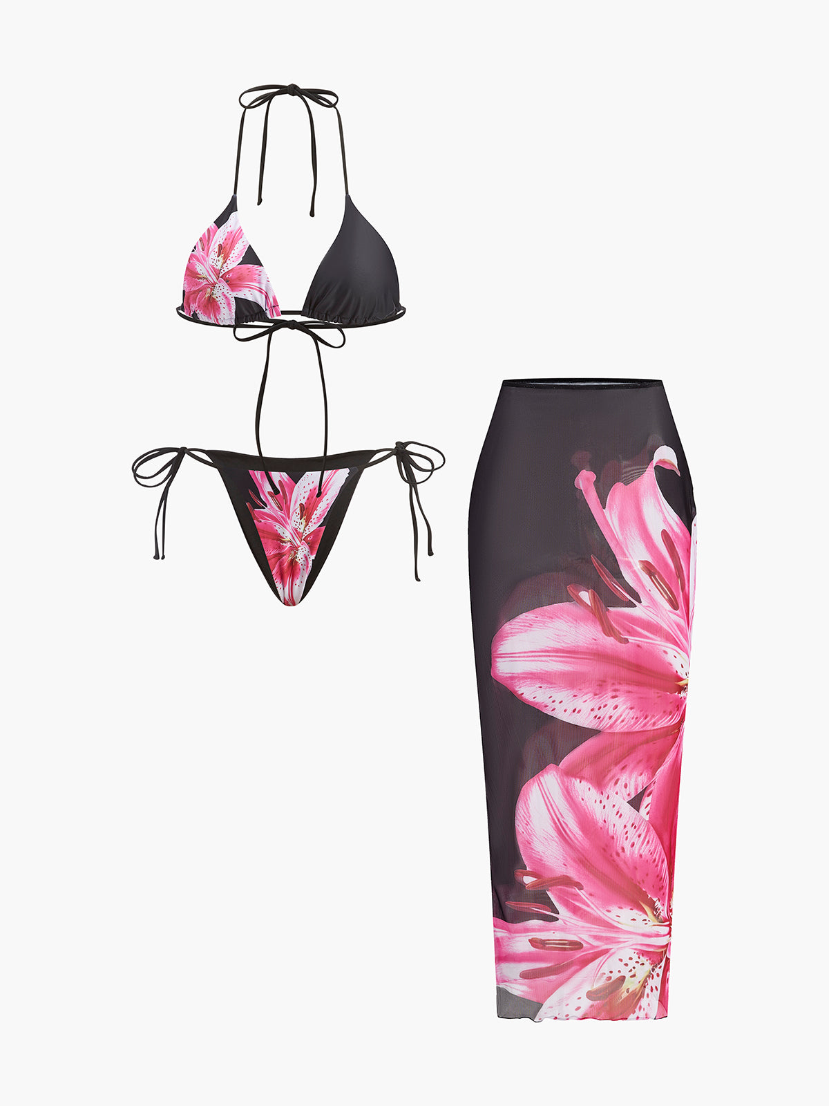 Çiçekli Bikini Takımı File Etek Siyah Pembe