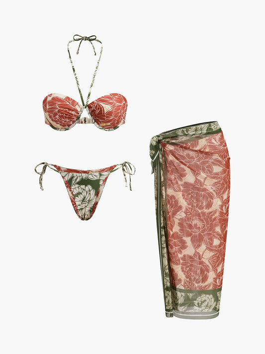 Çiçek Desenli Bikini Takımı Bağlamalı Etek Pembe Yeşil | Lorlia