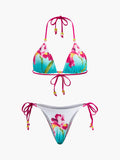 Çiçekli Boncuklu Bikini Takımı Çok Renkli Halter