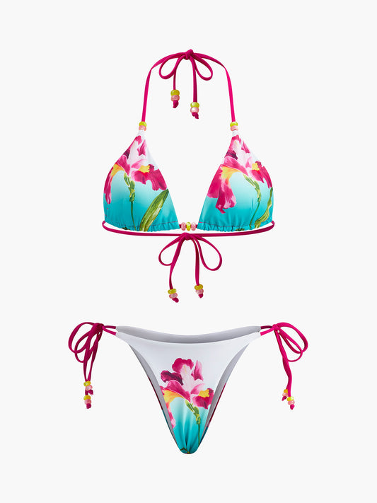 Çiçekli Boncuklu Bikini Takımı Çok Renkli Halter | Lorlia